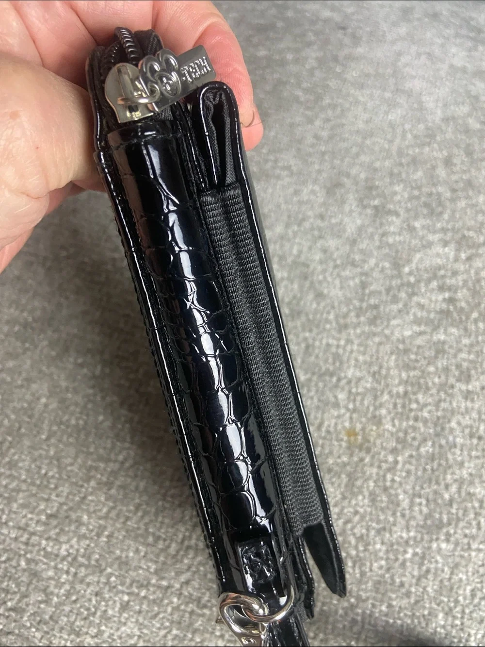 Patent Croc-Embossed Wristlet Phone Case with Wrist Strap - Black